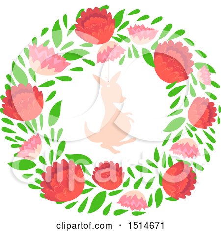 Clipart of a Christmas Wreath with Australian Protea Flowers and a Kangaroo - Royalty Free Vector Illustration by BNP Design Studio