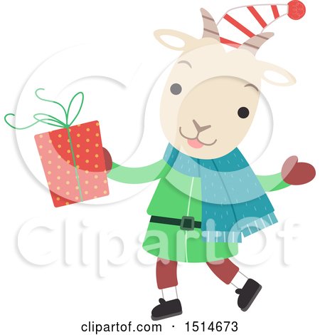 Clipart of a Christmas Yule Goat Holding a Present - Royalty Free Vector Illustration by BNP Design Studio