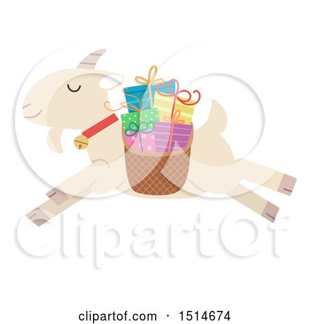 Clipart of a Leaping Christmas Yule Goat with a Basket of Presents - Royalty Free Vector Illustration by BNP Design Studio