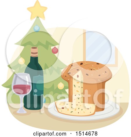 Clipart of a Christmas Panettone Bread with Wine and a Tree - Royalty Free Vector Illustration by BNP Design Studio