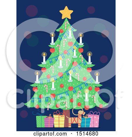 Clipart of a Christmas Tree Adorned with Candles and Candy Canes over a Yule Goat and Gifts - Royalty Free Vector Illustration by BNP Design Studio