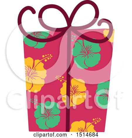 Clipart of a Christmas Gift Wrapped in Tropical Hawaiian Hibiscus Flower Paper - Royalty Free Vector Illustration by BNP Design Studio
