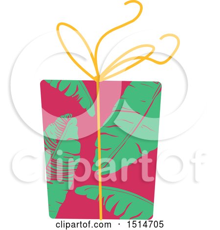 Clipart of a Christmas Gift Wrapped in Tropical Palm Flower Paper - Royalty Free Vector Illustration by BNP Design Studio