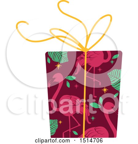 Clipart of a Christmas Gift Wrapped in Tropical Flamingo Paper - Royalty Free Vector Illustration by BNP Design Studio