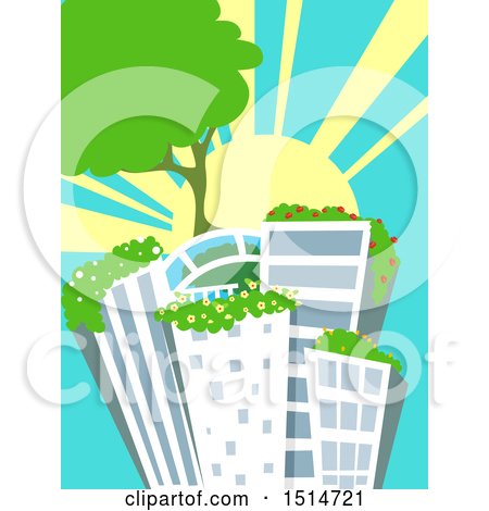 Clipart of a Sunset with City Skyscrapers and Rooftop Gardens - Royalty Free Vector Illustration by BNP Design Studio