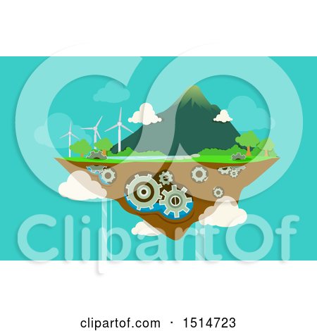 Clipart of a Green Energy Floating Island with Gears and Wind Turbines - Royalty Free Vector Illustration by BNP Design Studio