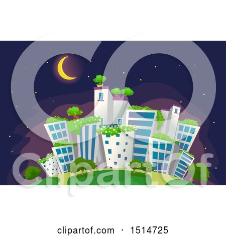 Clipart of a Green City with Rooftop Gardens at Night - Royalty Free Vector Illustration by BNP Design Studio