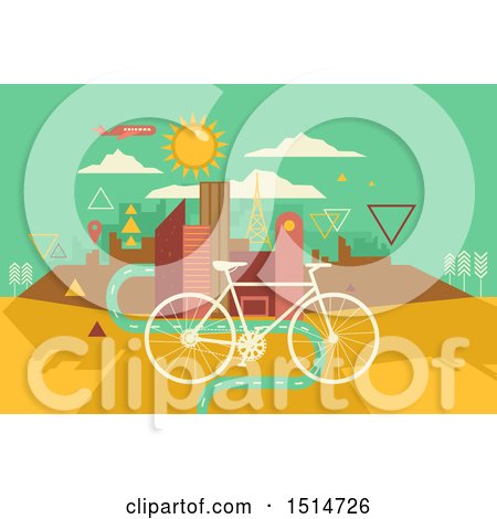 Clipart of a Bicycle over a Bike Lane Leading to a Geometric City - Royalty Free Vector Illustration by BNP Design Studio
