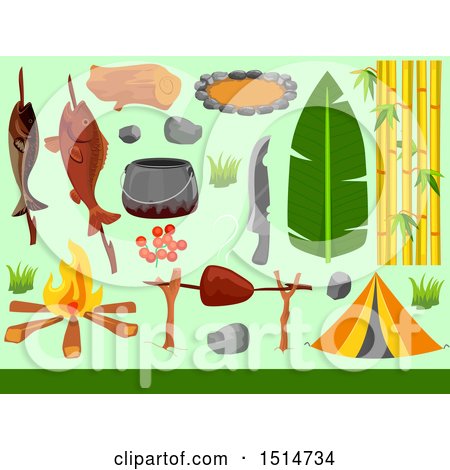 Clipart of a Tent and Camping Elements on Green - Royalty Free Vector Illustration by BNP Design Studio