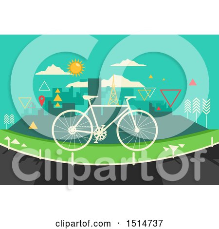 Clipart of a Bicycle Ove Ra Bike Lane and Geometric City - Royalty Free Vector Illustration by BNP Design Studio