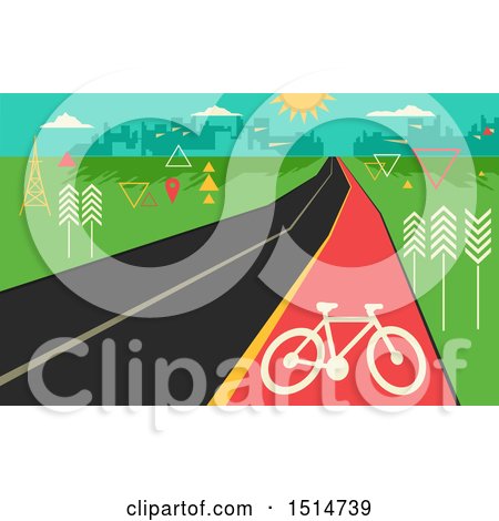 Clipart of a Bicycle Lane Along a Road with Geometric Structures Leading to a City - Royalty Free Vector Illustration by BNP Design Studio
