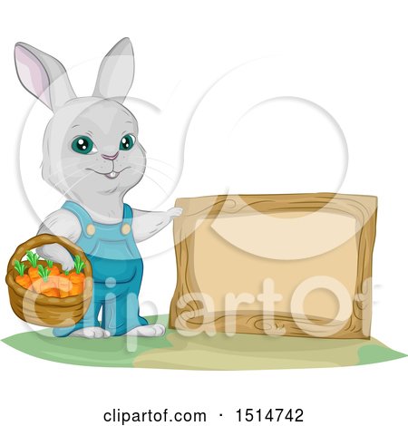 Clipart of a Bunny Rabbit Gardener with a Basket of Carrots by a Blank Sign - Royalty Free Vector Illustration by BNP Design Studio