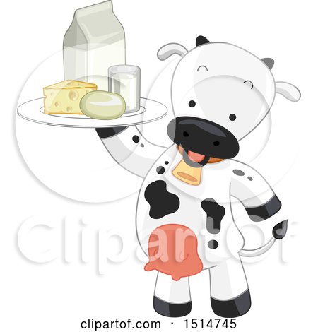 Clipart of a Cow Mascot Holding up a Tray of Dairy Products - Royalty Free Vector Illustration by BNP Design Studio