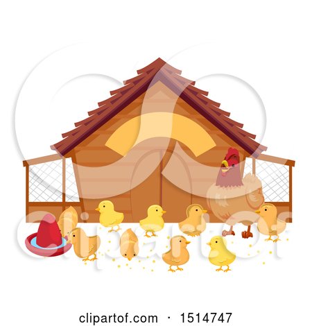 Clipart of a Hen Watching Her Chicks by a Coop - Royalty Free Vector Illustration by BNP Design Studio