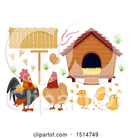 Clipart of a Chicken Family, Eggs, Coop and Fencing - Royalty Free Vector Illustration by BNP Design Studio