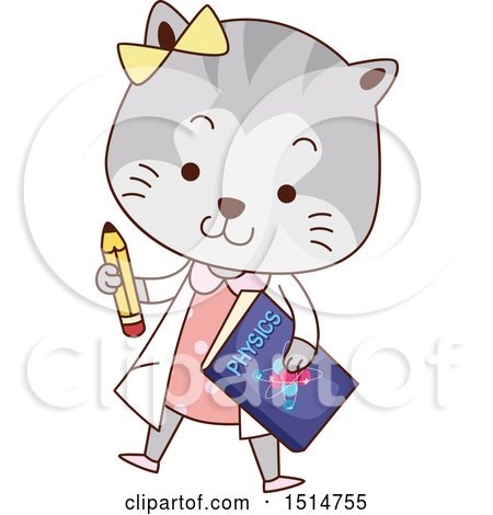 Clipart of a Student Cat Holding a Physics Book and Pencil - Royalty Free Vector Illustration by BNP Design Studio