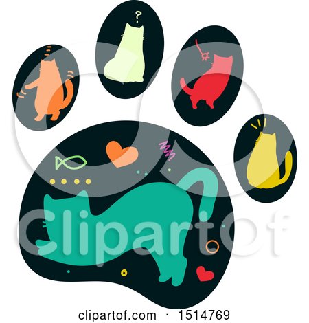 Clipart of a Paw Print with Silhouetted Colorful Cats - Royalty Free Vector Illustration by BNP Design Studio
