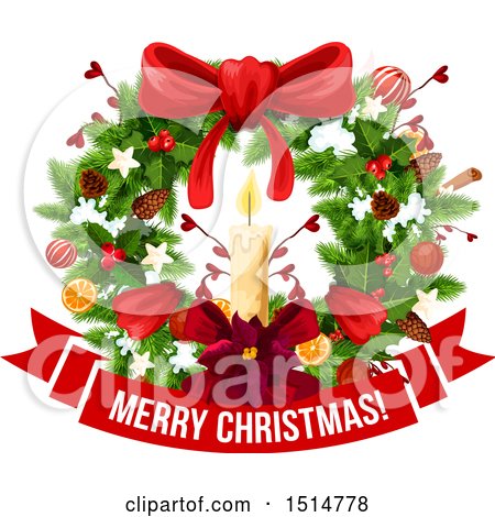 Clipart of a Merry Christmas Greeting with a Wreath - Royalty Free Vector Illustration by Vector Tradition SM