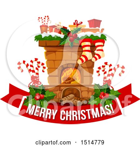 Clipart of a Merry Christmas Greeting and Fireplace - Royalty Free Vector Illustration by Vector Tradition SM
