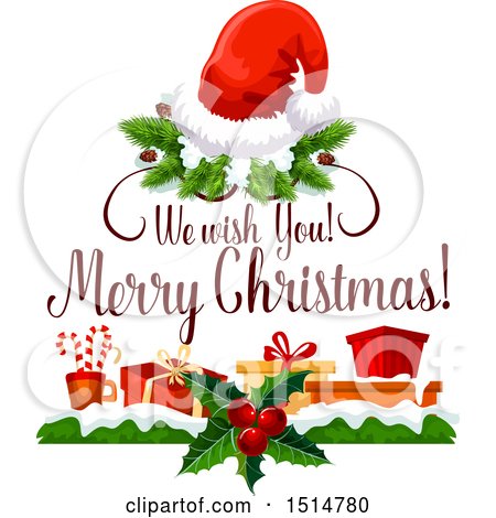Clipart of a We Wish You a Merry Christmas Greeting with Gifts and a Santa Hat - Royalty Free Vector Illustration by Vector Tradition SM