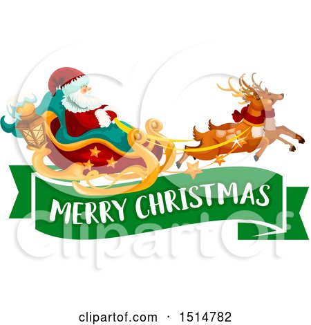 Clipart of a Merry Christmas Greeting with Santa and Reindeer Flying a Sleigh - Royalty Free Vector Illustration by Vector Tradition SM