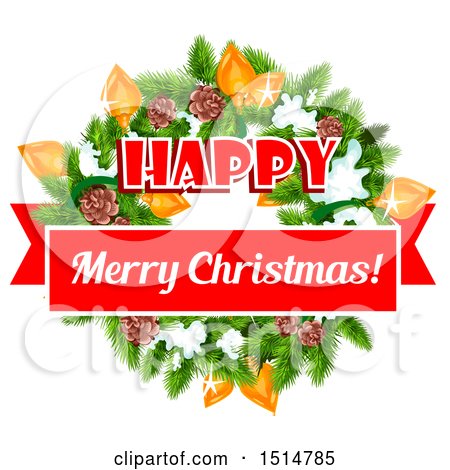 Clipart of a Happy Merry Christmas Greeting with a Wreath - Royalty Free Vector Illustration by Vector Tradition SM