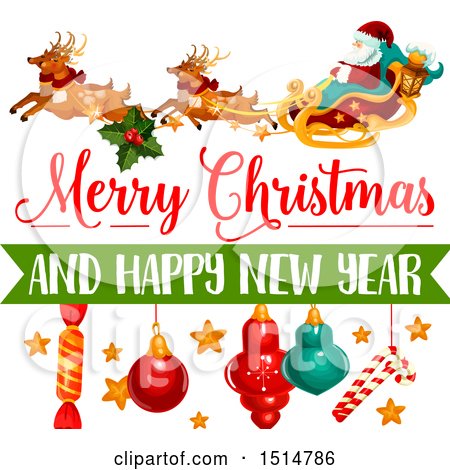 Clipart of a Merry Christmas and Happy New Year Greeting with Santa and Reindeer Flying a Sleigh - Royalty Free Vector Illustration by Vector Tradition SM