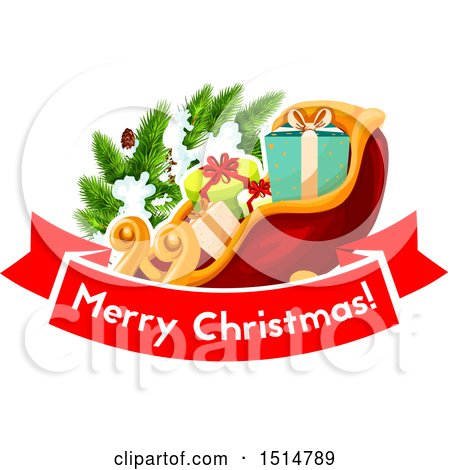 Clipart of a Merry Christmas Greeting with a Sleigh - Royalty Free Vector Illustration by Vector Tradition SM