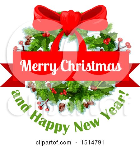 Clipart of a Merry Christmas and Happy New Year Greeting with a Wreath - Royalty Free Vector Illustration by Vector Tradition SM