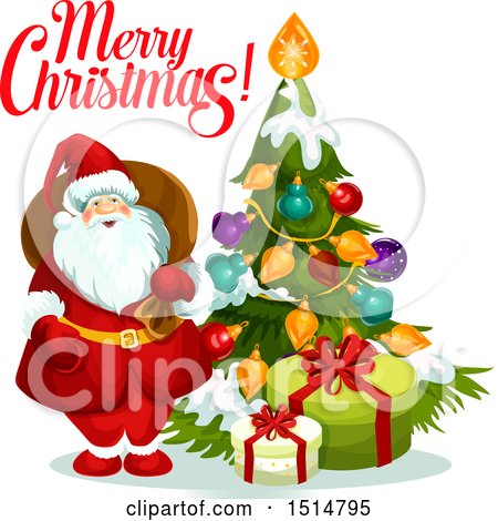 Clipart of a Merry Christmas Greeting with Santa by a Tree - Royalty Free Vector Illustration by Vector Tradition SM