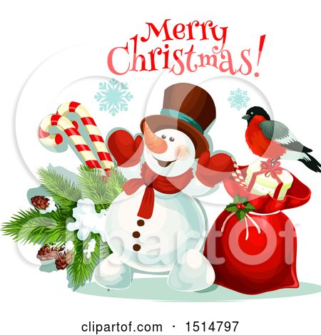 Clipart of a Merry Christmas Greeting with a Snowman - Royalty Free Vector Illustration by Vector Tradition SM