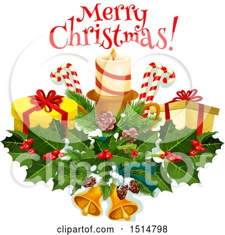 Clipart of a Merry Christmas Greeting with Bells, Candy Canes, Gifts, Holly and a Candle - Royalty Free Vector Illustration by Vector Tradition SM