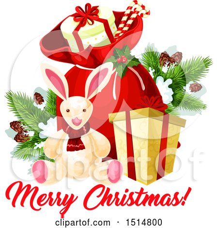Clipart of a Merry Christmas Greeting with a Rabbit and Sack - Royalty Free Vector Illustration by Vector Tradition SM