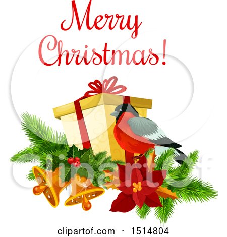 Clipart of a Merry Christmas Greeting with Gifts and a Bird - Royalty Free Vector Illustration by Vector Tradition SM