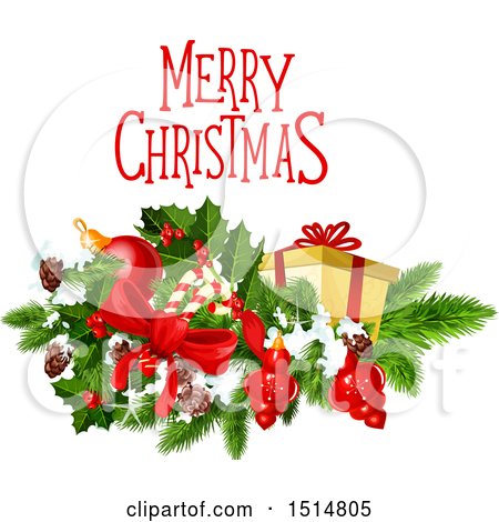 Clipart of a Merry Christmas Greeting with a Gift, Ornaments and Candy Canes - Royalty Free Vector Illustration by Vector Tradition SM