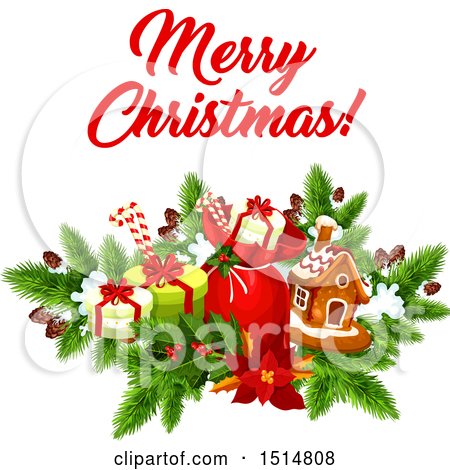 Clipart of a Merry Christmas Greeting with Gifts and a Gingerbread House - Royalty Free Vector Illustration by Vector Tradition SM
