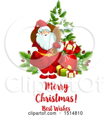 Clipart of a Merry Christmas Best Wishes Greeting with Santa by a Tree - Royalty Free Vector Illustration by Vector Tradition SM