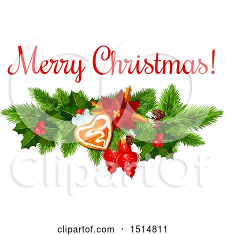 Clipart of a Merry Christmas Greeting with Poinsettia, Ornaments and a Cookie - Royalty Free Vector Illustration by Vector Tradition SM
