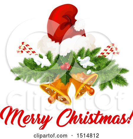 Clipart of a Merry Christmas Greeting with a Santa Hat and Bells - Royalty Free Vector Illustration by Vector Tradition SM
