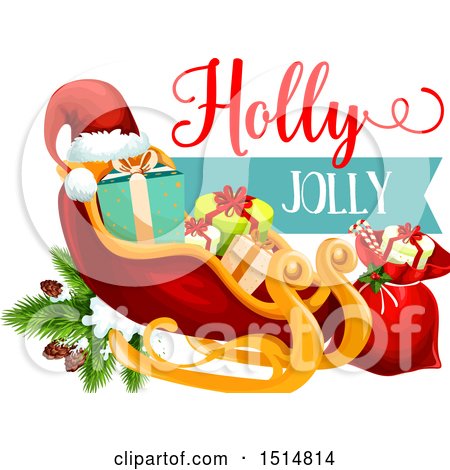 Clipart of a Holly Jolly Christmas Greeting with Santas Sleigh - Royalty Free Vector Illustration by Vector Tradition SM