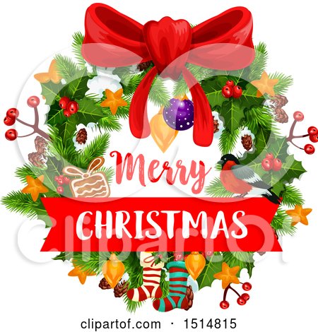 Clipart of a Merry Christmas Greeting with a Wreath - Royalty Free Vector Illustration by Vector Tradition SM