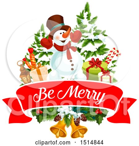 Clipart of a Be Merry Christmas Greeting with a Snowman - Royalty Free Vector Illustration by Vector Tradition SM
