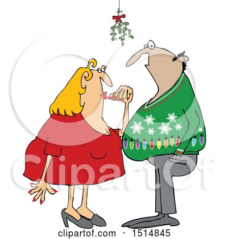 Clipart of a Cartoon Couple Under Mistletoe at a Christmas Party - Royalty Free Vector Illustration by djart