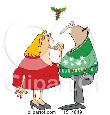 Clipart of a Cartoon Couple Under Holly, False Mistletoe - Royalty Free Vector Illustration by djart