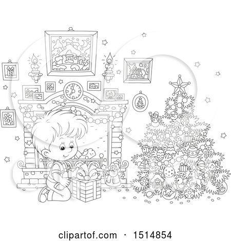Clipart of a Black and White Happy Boy Opening a Gift on Christmas Morning - Royalty Free Vector Illustration by Alex Bannykh
