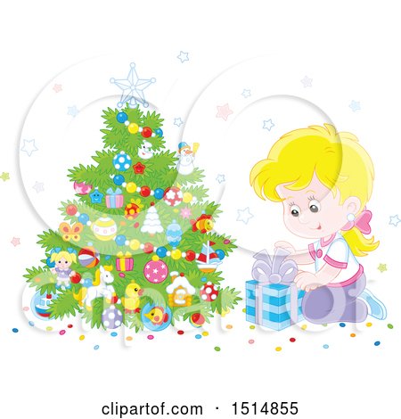 Clipart of a Happy Caucasian Girl Opening a Gift on Christmas Morning - Royalty Free Vector Illustration by Alex Bannykh