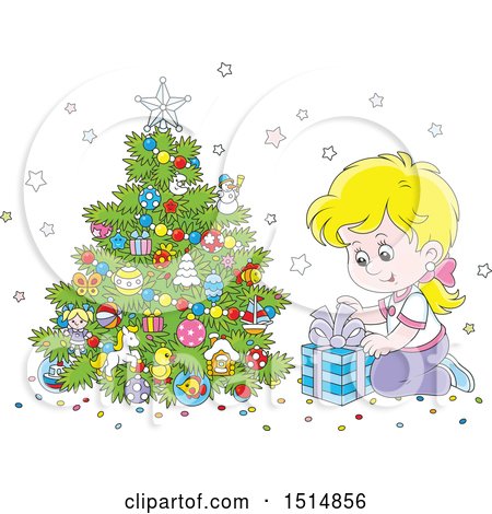 Clipart of a Happy White Girl Opening a Gift on Christmas Morning - Royalty Free Vector Illustration by Alex Bannykh
