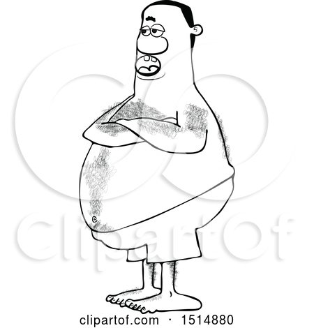 Clipart of a Black and White Hairy Chubby Man with Folded Arms, Standing in Swim Trunks - Royalty Free Vector Illustration by djart