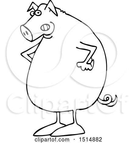 Clipart of a Cartoon Black and White Mad Pig with Hands on His Hips - Royalty Free Vector Illustration by djart