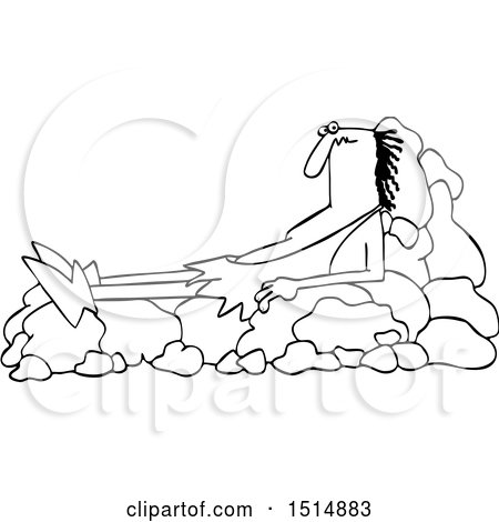 Clipart of a Cartoon Black and White Caveman Resting on a Boulder Recliner - Royalty Free Vector Illustration by djart